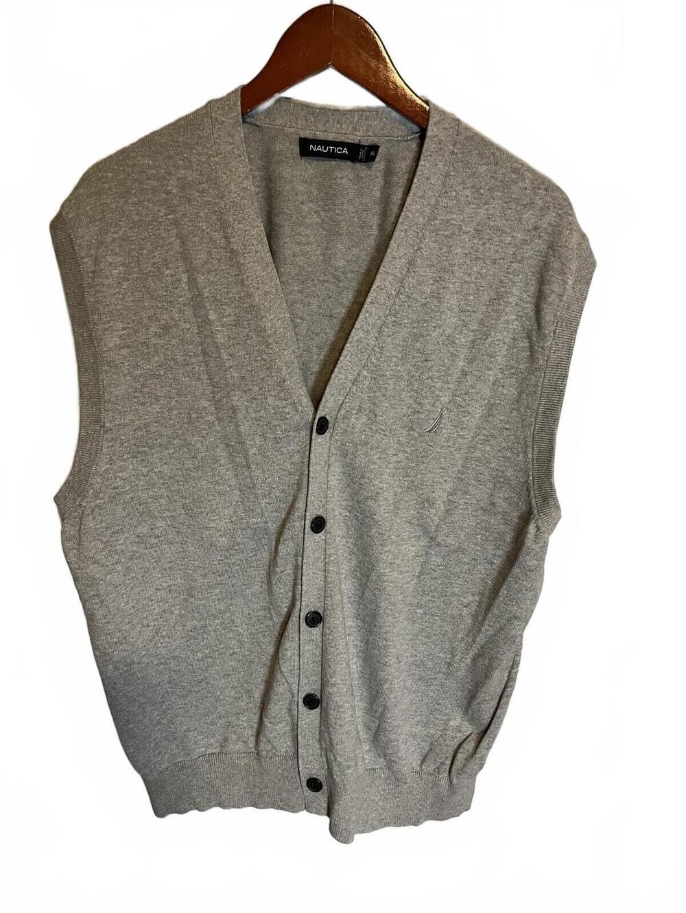 Nautica Sweater Vest V-Neck Cardigan Cotton Layering XL Gray Preppy Academia